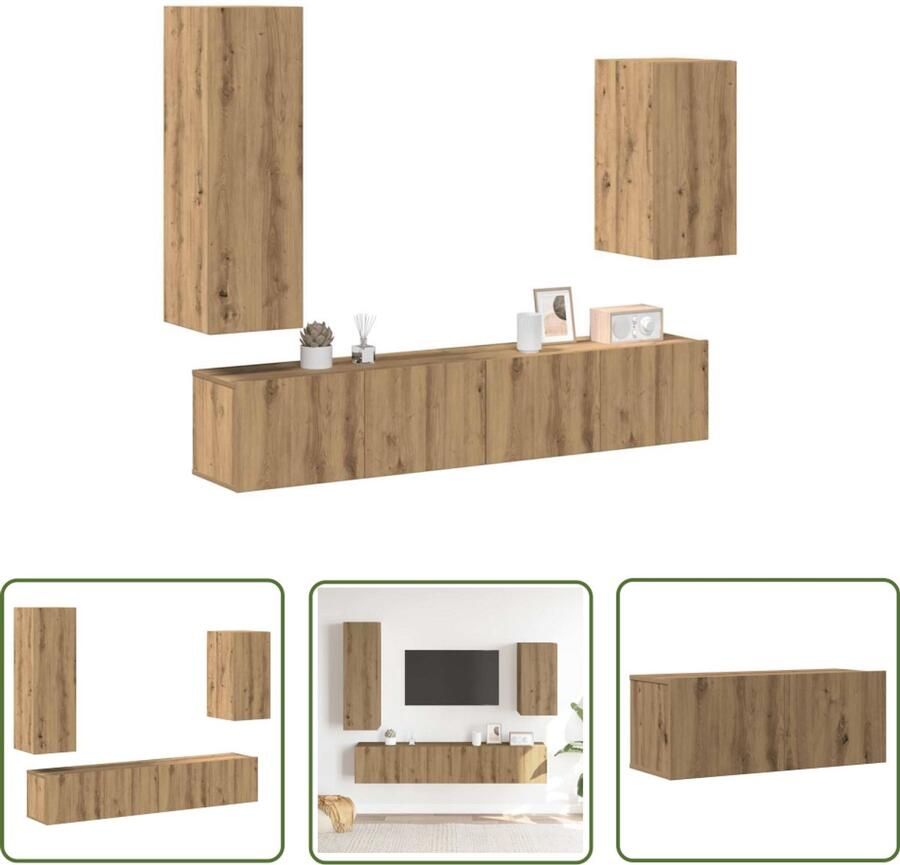 The Living Store 4-delig Tv-meubelset wandmontage bewerkt hout artisanaal eiken Tv Kast Salontafel Houten Tv Stand Wandmontage Tv Unit Media Kast