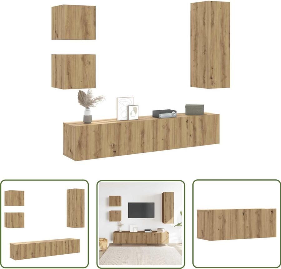 The Living Store 5-delig Tv-meubelset wandmontage bewerkt hout artisanaal eiken Tv Kast Salontafel Houten Tv Stand Woonkamerdecoratie Opbergruimte