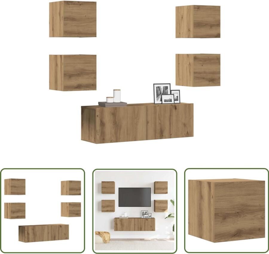 The Living Store 5-delig Tv-meubelset wandmontage bewerkt hout artisanaal eiken Tv Kast Salontafel Houten Tv Stand Opbergkast Media Kast