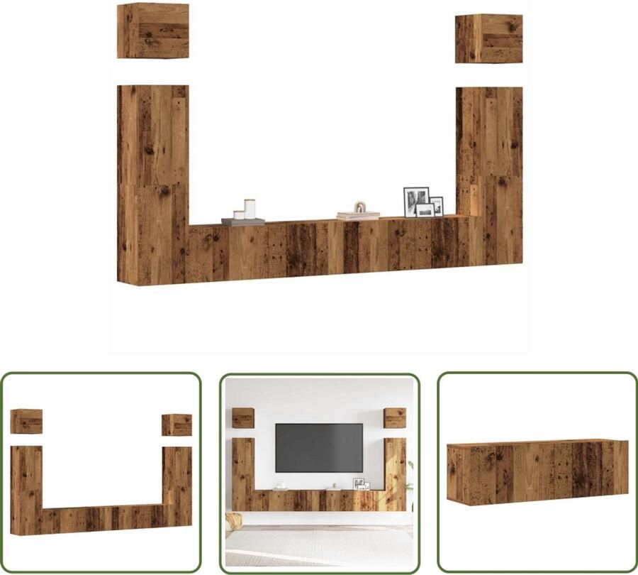 The Living Store 6-delig Tv-meubelset wandmontage bewerkt hout oud houtkleurig Tv Kast Salontafel Houten Meubels Opbergruimte Wandmontage