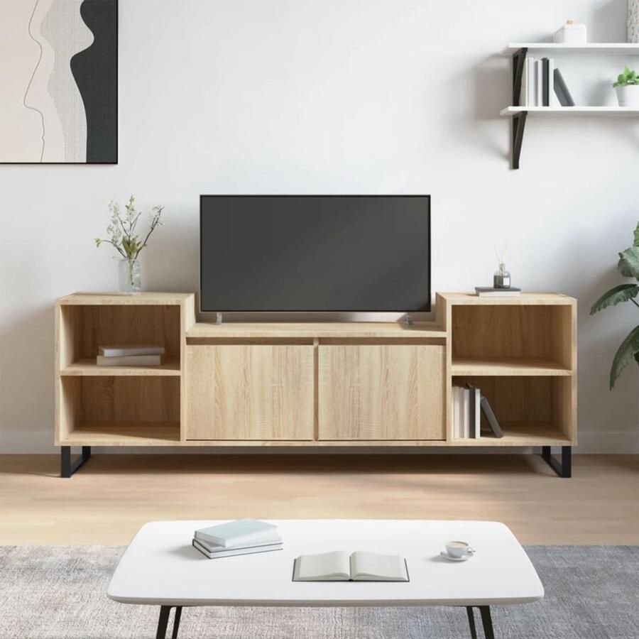 The Living Store TV-meubel Sonoma eiken 160 x 35 x 55 cm hoge kwaliteit veel opbergruimte stevig blad praktische deuren wandmontage vereist Tv Kast Salontafel Media Kast Houten Tv Stand Eiken Tv Meubel