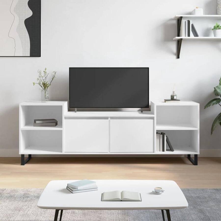 The Living Store Tv-meubel 160 x 35 x 55 cm Wit Bewerkt hout en metaal Tv-meubel Salontafel Houten Tv-kast Media Kast White Furniture