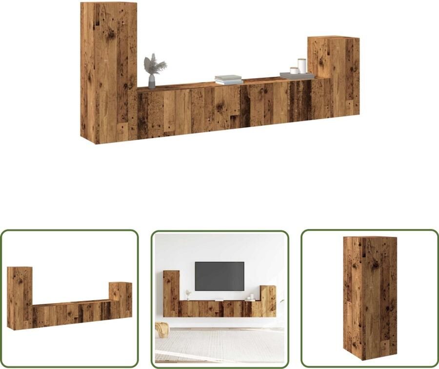VidaXL Salontafel Tv-meubel 4-delig Tv-meubelset wandmontage bewerkt hout oud houtkleurig Houten Tv-standaard Vintage Tv-meubel Media Kast