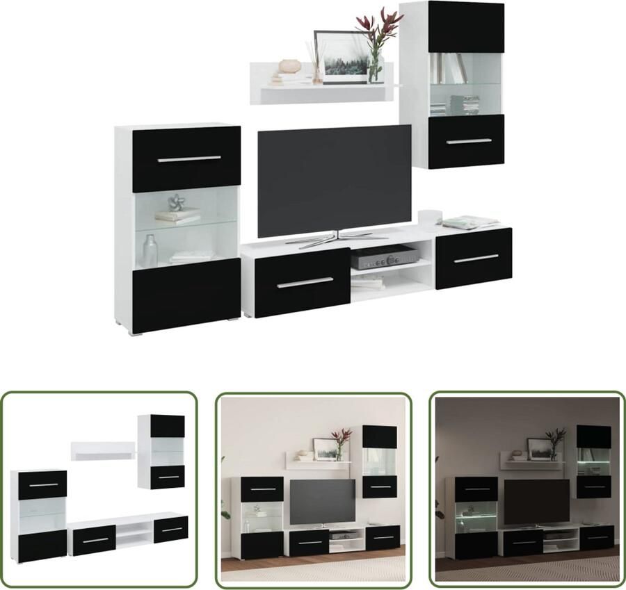 The Living Store 5-delige Tv-meubels met LED-verlichting bewerkt hout matzwart Tv Meubel Salontafel Houten Tv Stand Wit Led Licht Opbergruimte