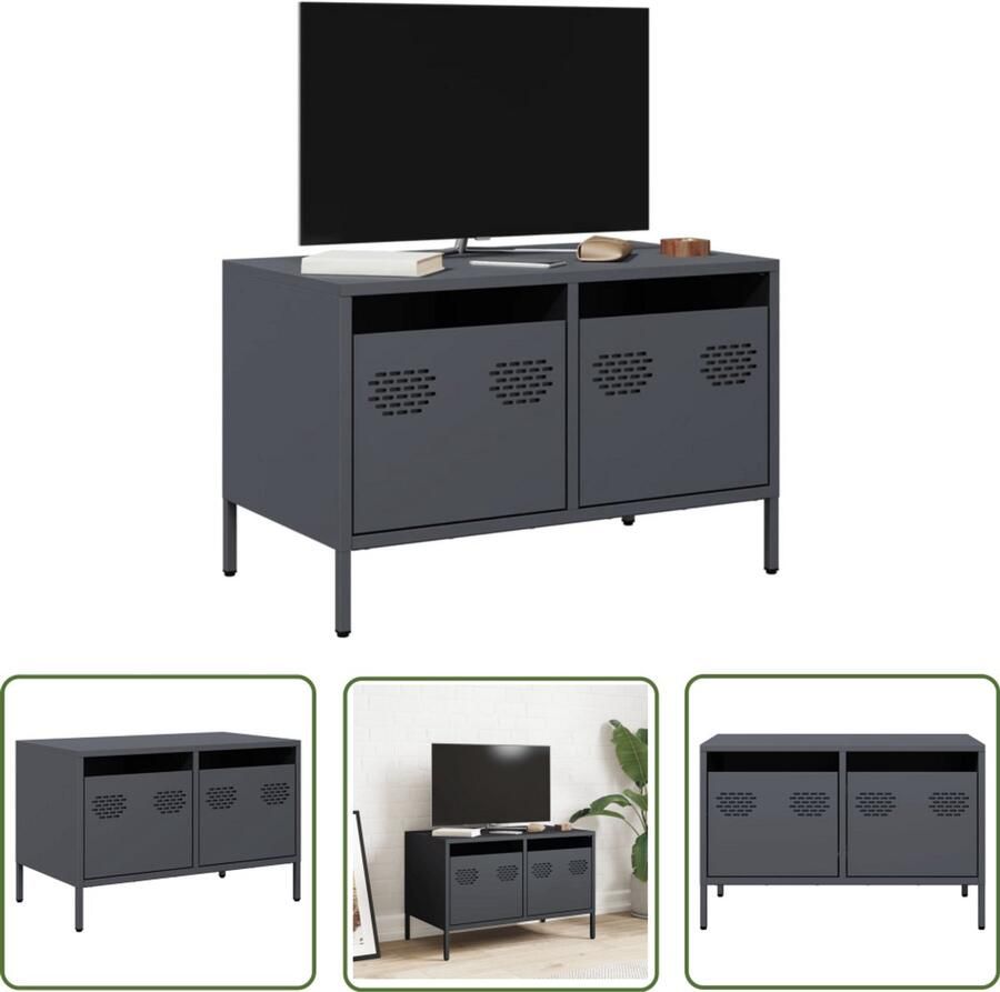 The Living Store Tv-meubel 68x39x43 5 cm koudgewalst staal antracietkleurig Tv-meubel Salontafel Industriele Design Zwart Metaal Koudgewalst Staal