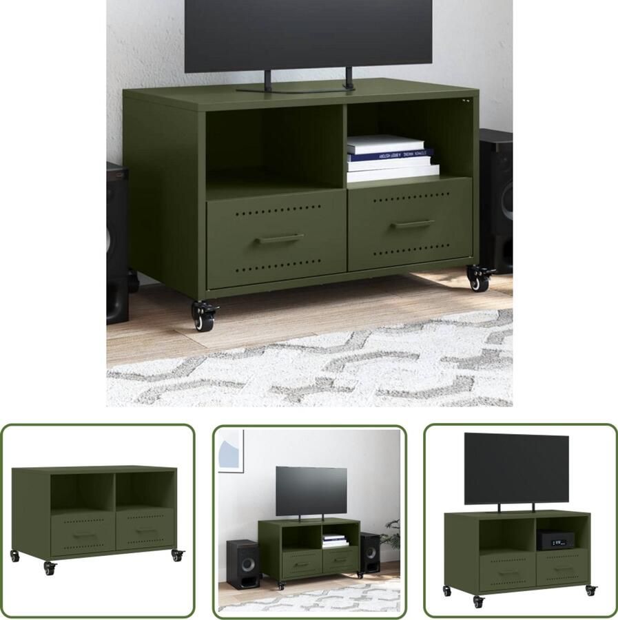 The Living Store Tv-meubel 68x39x43 5 cm staal olijfgroen Tv-meubel Salontafel Mediabox Opbergkast Staal