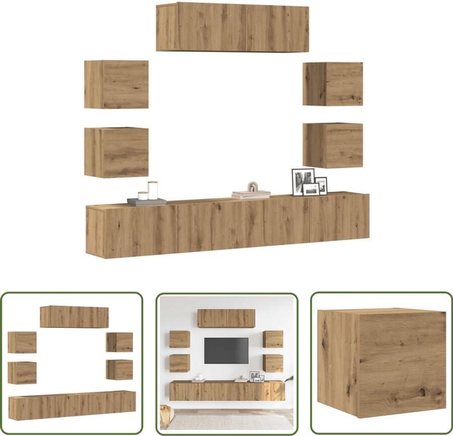 VidaXL 7-delig Tv-meubelset wandmontage bewerkt hout artisanaal eiken Tv Meubel Salontafel Houten Kast Opbergruimte Wandmontage