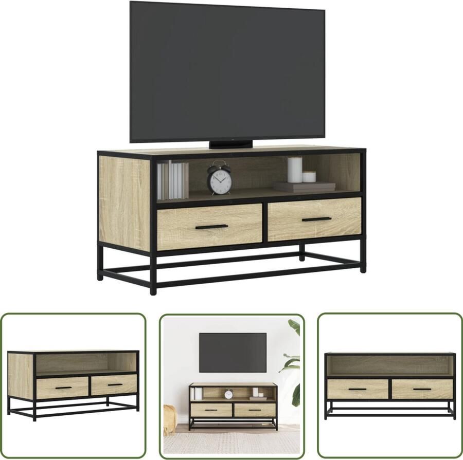 The Living Store Tv-meubel 80x34 5x40 cm bewerkt hout metaal sonoma eikenkleurig Tv-meubel Salontafel Houten Tv-meubel Industrieel Tv-meubel Tv-opstelling