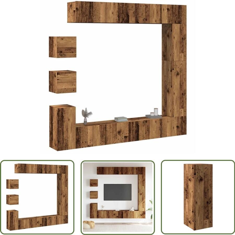 VidaXL Salontafel Tv Meubel 9-delig Tv-meubelset wandmontage bewerkt hout oud houtkleurig Houten Kast Woonkamerdecoratie Opbergruimte