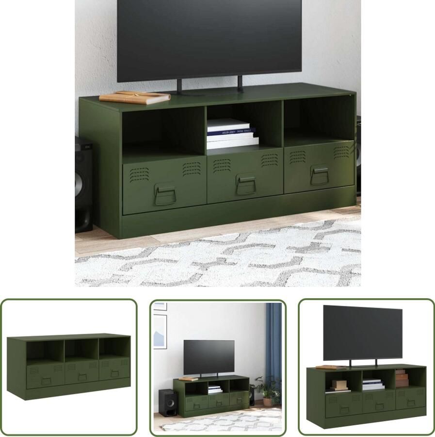 The Living Store Tv-meubel 99x39x44 cm staal olijfgroen Tv-meubel Salontafel Industrieel Design Stalen Tv-kast Olijfgroot
