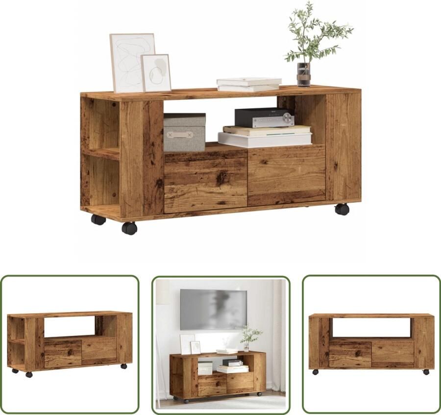 The Living Store Tv-meubel met wielen 102x34 5x43 cm bewerkt hout oud hout Tv-meubel Salontafel Houten Tv-kast Opbergruimte Vintage Tv-meubel