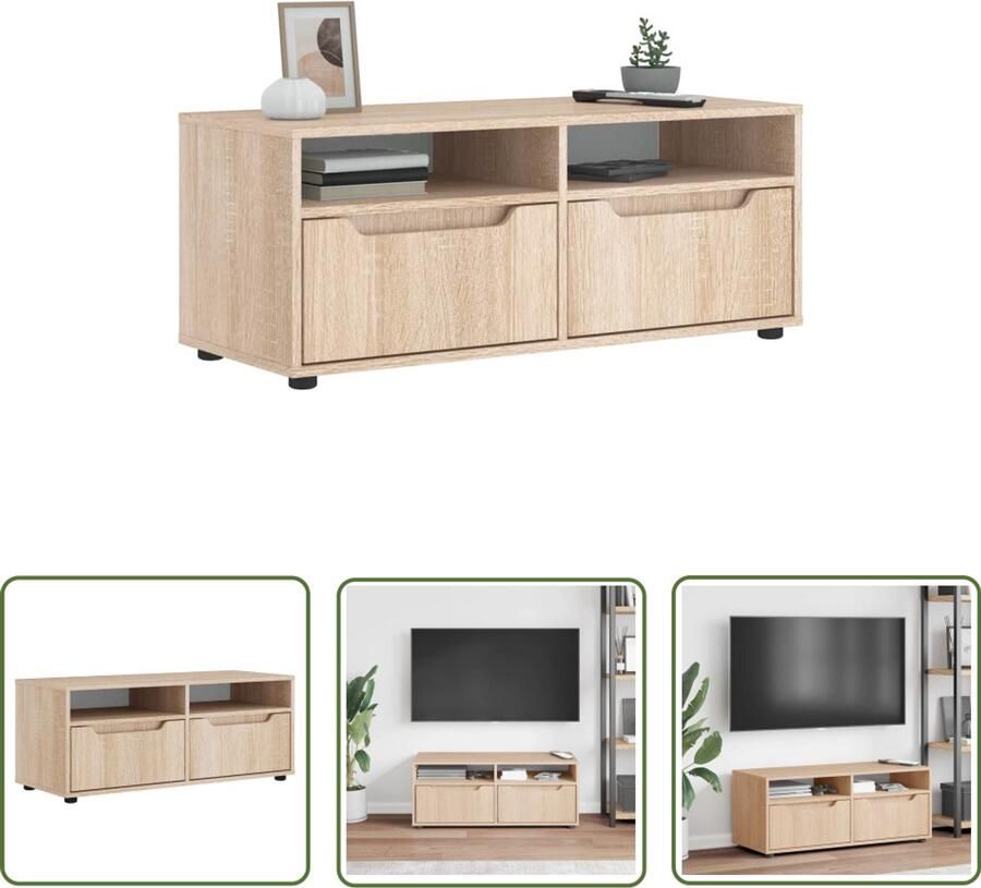 The Living Store Tv-meubel VISNES 100x40x38 cm bewerkt hout sonoma eikenkleurig Tv Meubel Salontafel Opbergkast Houten Tv Stand Visnes
