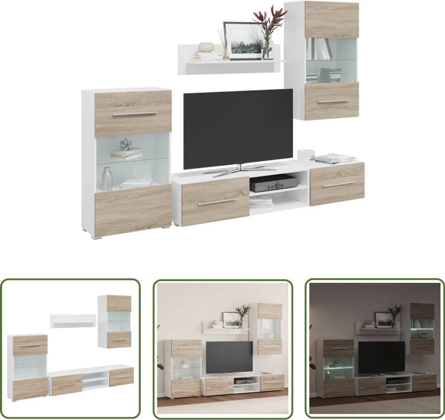 The Living Store 5-delige Tv-meubels met LED bewerkt hout sonoma eiken Tv Meubelen Salontafel Houten Meubilair Opbergruimte Media Kast