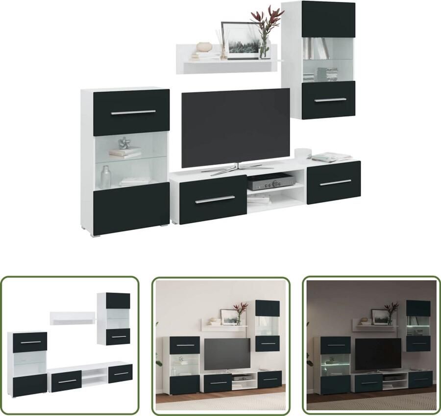 The Living Store 5-delige Tv-meubels met LED-verlichting bewerkt hout matindigo Tv Meubelen Salontafel Opbergkast Houten Meubilair Wit Led Verlichting