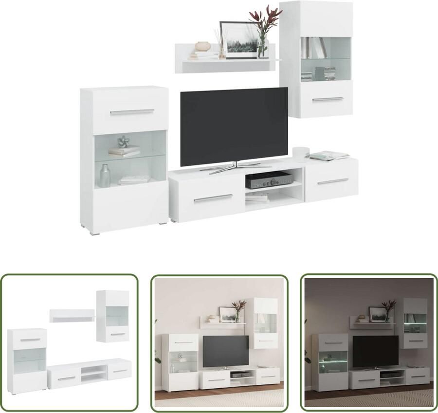 The Living Store 5-delige Tv-meubels met LED-verlichting bewerkt hout matwit Tv Meubels Salontafel Opbergruimte Houten Meubelen Wit Meubilair