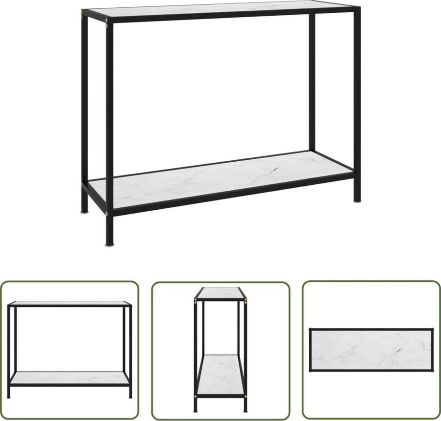 The Living Store Wandtafel 100 x 35 x 75 cm Kleur- wit en zwart Gehard glas en gepoedercoat staal Met marmeren textuur Wandtafel Salontafel Bijzettafel Glas Tafellaar Witte Tafel - Foto 2