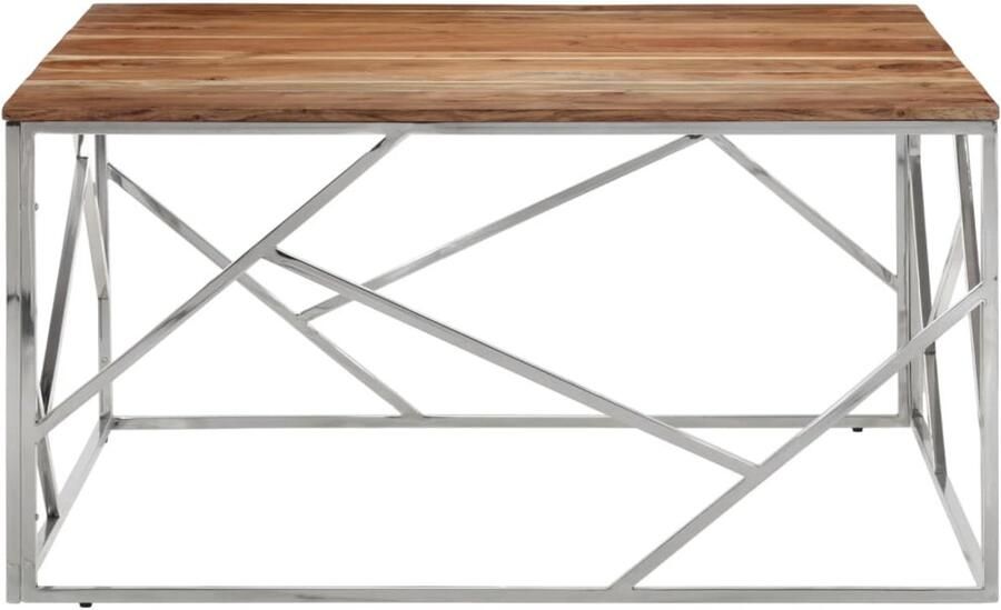 The Living Store Salontafel roestvrij staal en massief acaciahout zilverkleurig Salontafel Koffietafel Bijzettafel Acacia Hout Roestvaststaal