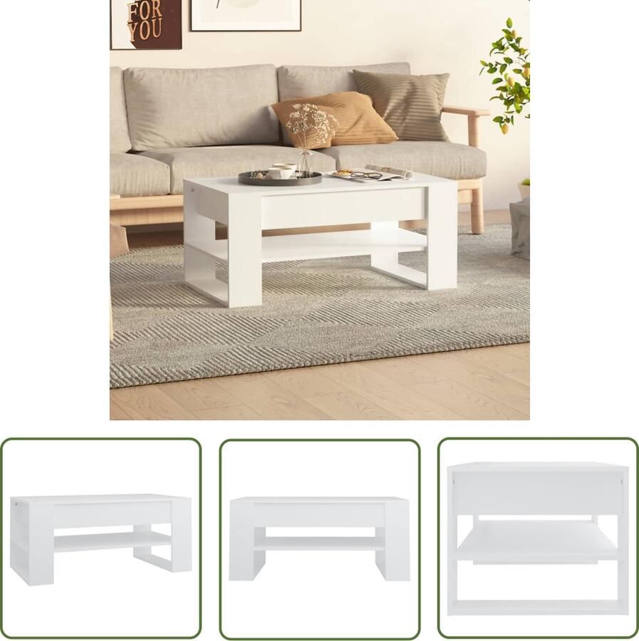 The Living Store Salontafel Wit Bewerkt hout 102 x 55 x 45 cm Opbergschap Salontafel Salontafeltje Houten Salontafel Witte Salontafel Opbergruimte - Foto 2