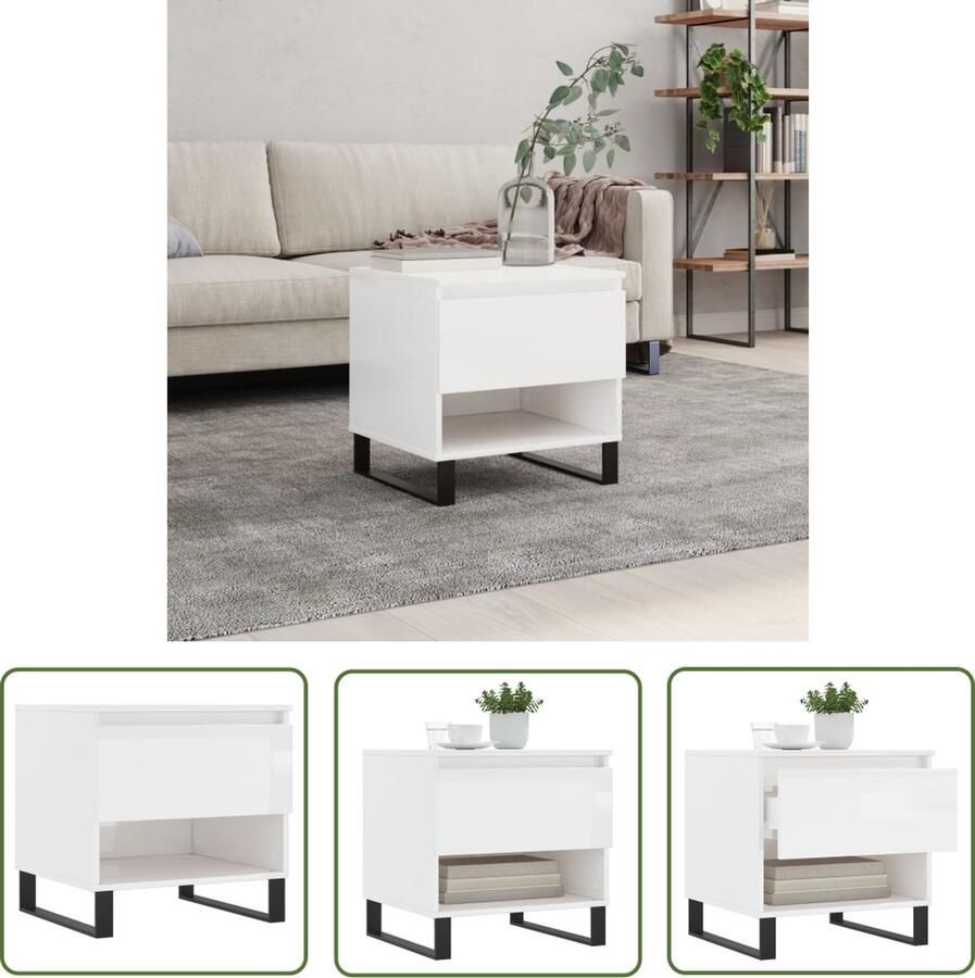 The Living Store Salontafel Hoogglans wit 50 x 46 x 50 cm Bewerkt hout en metaal Salontafel Salontafeltje Koffietafel Tv Tafellaar Hogglans Witte Tafel
