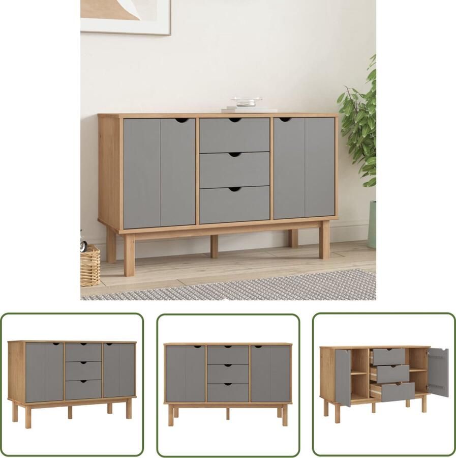 The Living Store Dressoir OTTA 113 5x43x73 cm massief grenenhout bruin en grijs Dressoir Scandinavisch Design Massief Grenenhout Vintage Kast Opbergmeubels