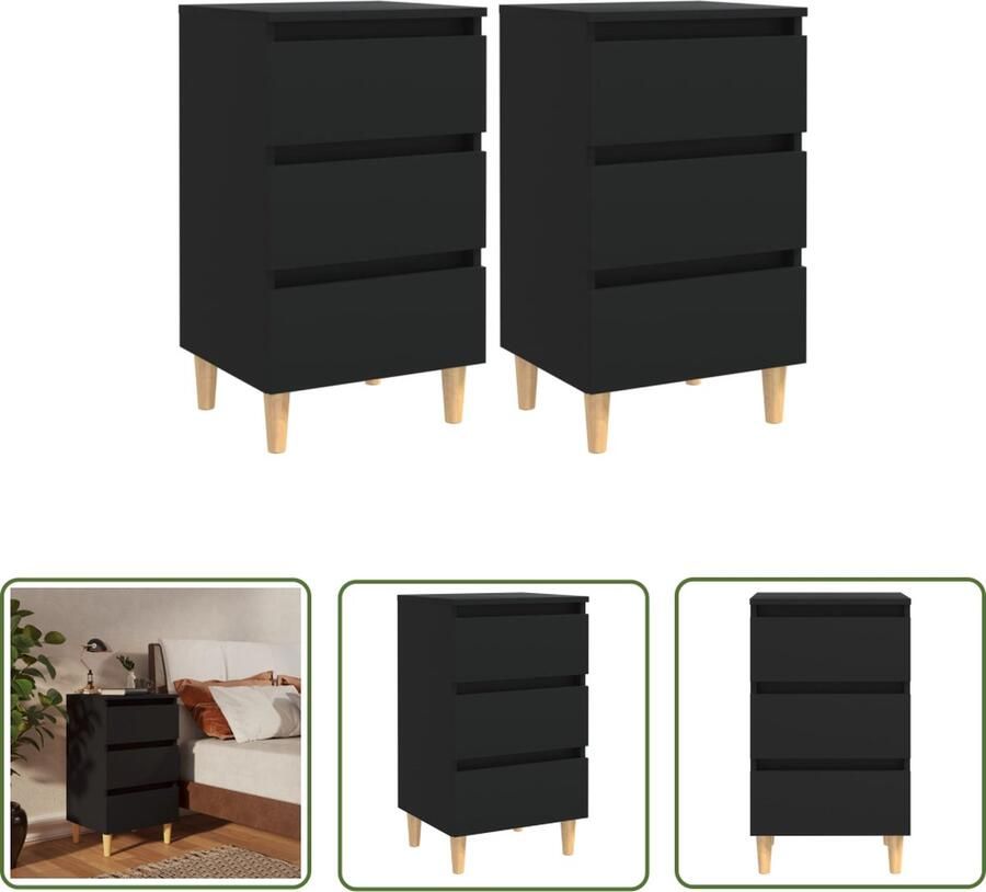 The Living Store Bedkastjes Scandinavische charme 4 houten poten 3 lades zwart 40 x 35 x 69 cm Nachtkastjes Scandinavische Meubels Bedkasten Houten Kasten Zwarte Meubels - Foto 2