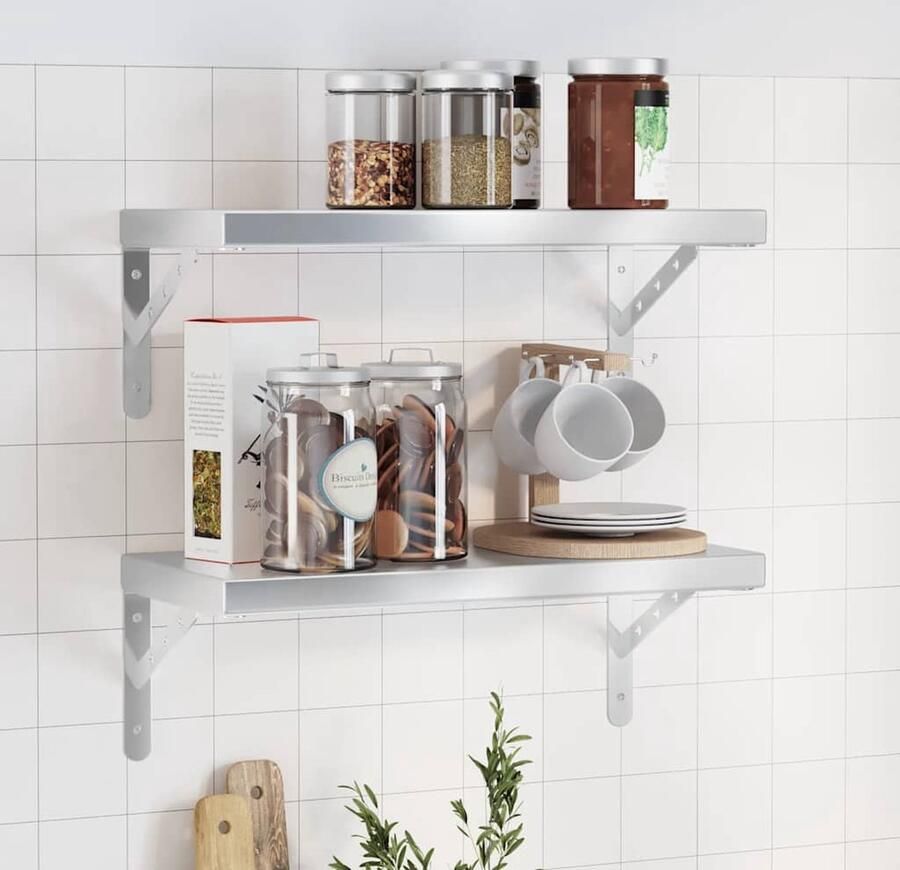 The Living Store Wandschappen 2 st 50x23 5 cm roestvrijstaal zilverkleurig Zwevende Wandschappen Wandplanken Roestvrijstalen Wanddecoratie Opslagoplossing Woonaccessoires - Foto 2