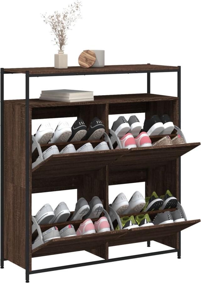 VidaXL Schoenenkast met 4 klaplades 100x34x112 cm bruin eikenkleur - Foto 2