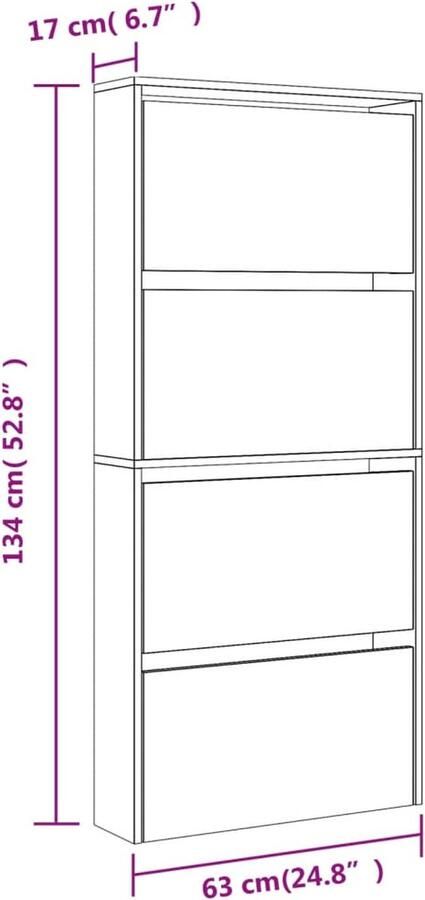 VidaXL Schoenenkast met spiegel 4-laags 63x17x134 cm hoogglans wit - Foto 2