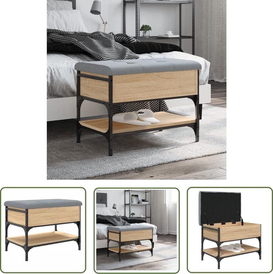The Living Store Schoenenbank 62x42x45 cm bewerkt hout sonoma eikenkleurig Schoenenbank Halstandaard Bankschikking Entree Meubilair Opbergmeubel
