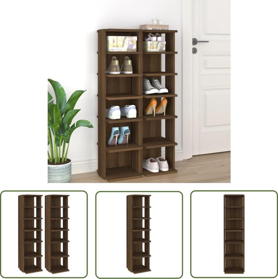 The Living Store Schoenenrekken 2 st 27 5x27x102 cm bewerkt hout bruineiken Schoenenrek Schoenenkasten Houten Schoenenrek Bruine Schoenenkast Opbergruimte - Foto 2