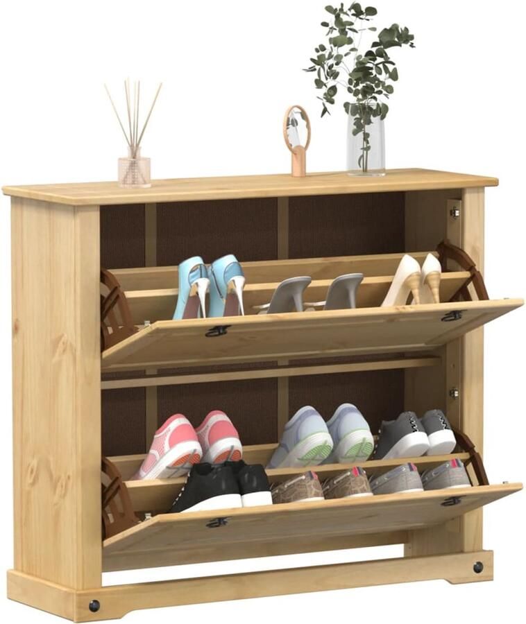 The Living Store Schoenenkast Corona 99x32x85 cm massief grenenhout Schoenenkast Schoenenopbergers Kasten Grenoblehouten Meubel Vintage Meubels