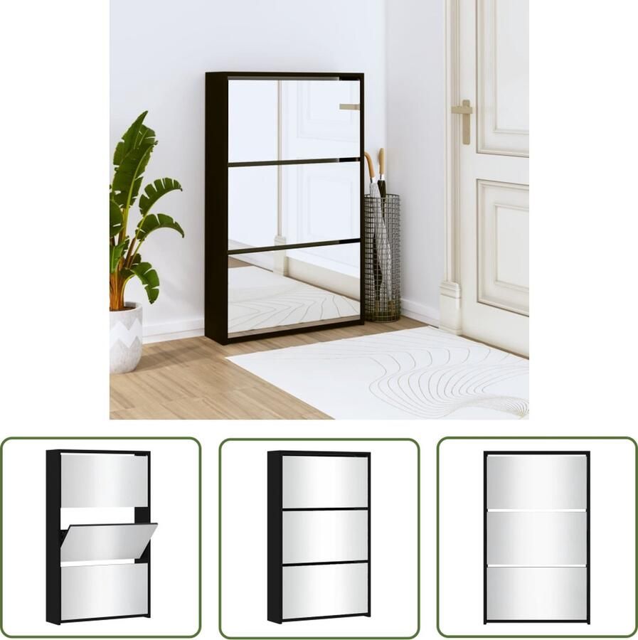 The Living Store Schoenenkast met spiegel 3-laags 63x17x102 5 cm zwart Schoenenkast Schoenenopbergers Houten Schoenenkast Zwarte Schoenenkast Schoenenkasten Met Laden - Foto 2