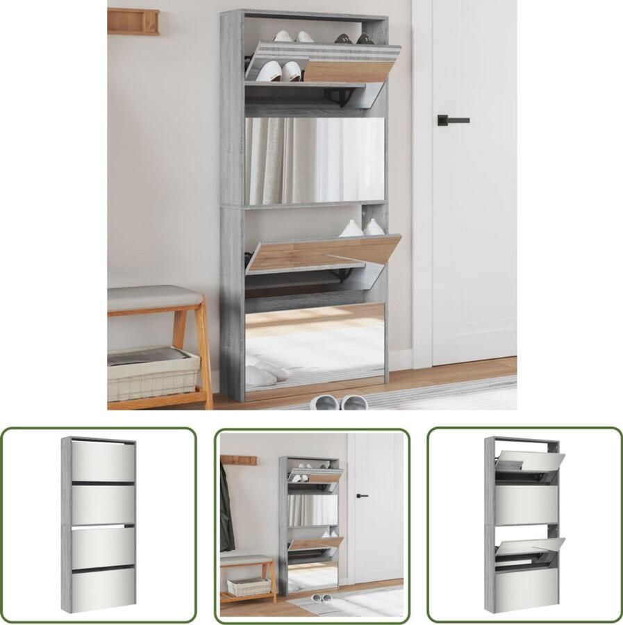 The Living Store Schoenenkast met spiegel 4-laags 63x17x134 cm grijs sonoma Schoenenkast Schoenenopbergers Entreemeubilair Hallenkasten Kledingkasten