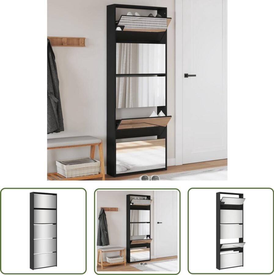 The Living Store Schoenenkast met spiegel 5-laags 63x17x169 5 cm zwart Schoenenkast Schoenenopbergers Houten Schoenenkast Zwarte Schoenenkast Kasten Met Laden