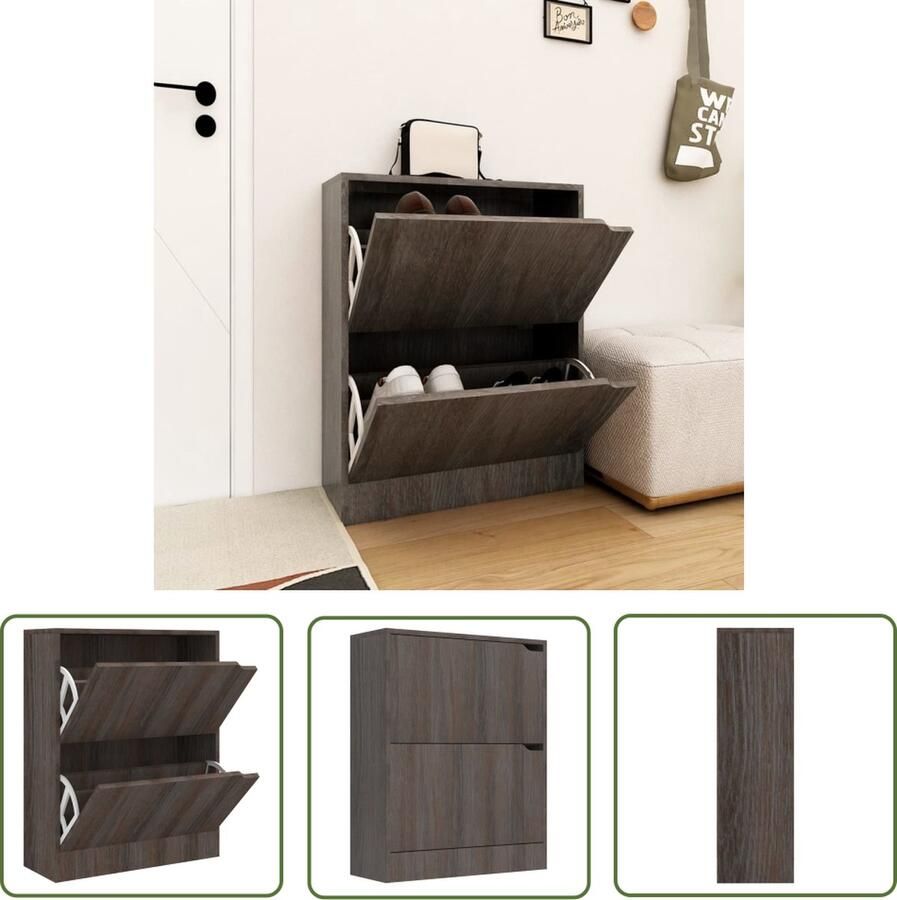 The Living Store Schoenenkast 2 deuren 59x24x74 cm bewerkt hout sonoma eiken Schoenenkast Schoenuitleg Bergruimte Houten Meubels Grijze Meubelen - Foto 2