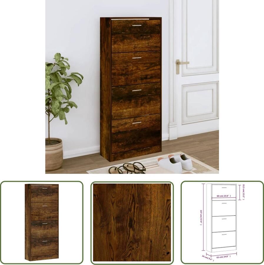The Living Store Schoenenkast -XL Schoenenopberger 63 x 24 x 147 cm 4 lades Gerookt Eiken Schoenenkast Schoenuitlegger Bergruimte Houten Schoenenkast Bruine Schoenenkast - Foto 2