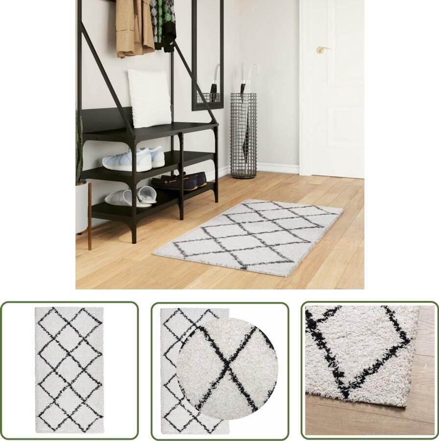VidaXL Vloerkleed PAMPLONA shaggy hoogpolig 60x110 cm crème en zwart Vloerkleed Shaggy Vloerkleed Kruimelige Vloerkleed Beige Vloerkleed Zwart Vloerkleed