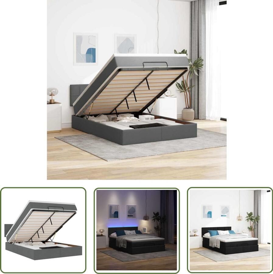VidaXL Bed poef met matras en LED's 140x200 cm stof zwart Bedpoef Slaapbank Led Lamp Boxspring Tweepersoonsbed
