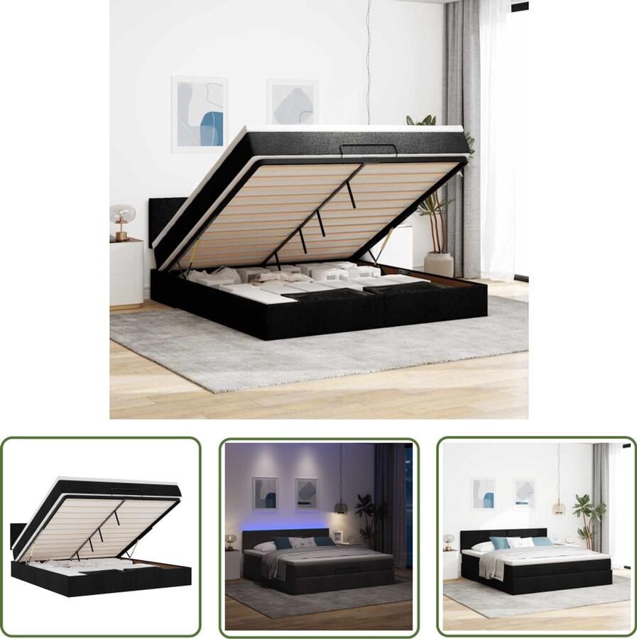 VidaXL Slaapbank Bedpoef Bed poef met matras en LED's 180x200 cm stof zwart Boxspring Tweepersoonsbed Led Lamp