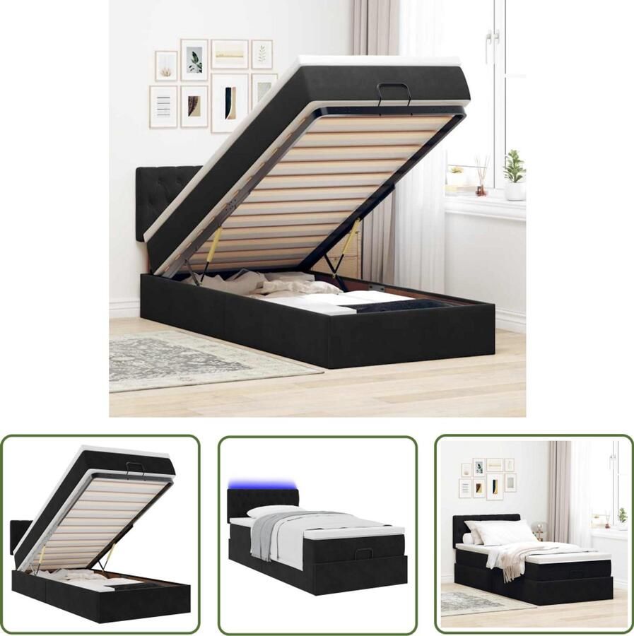 VidaXL Slaapbank Bedpoef Bed poef met matras en LED's 80x200 cm fluweel zwart Boxspring Tweepersoonsbed Led Lamp