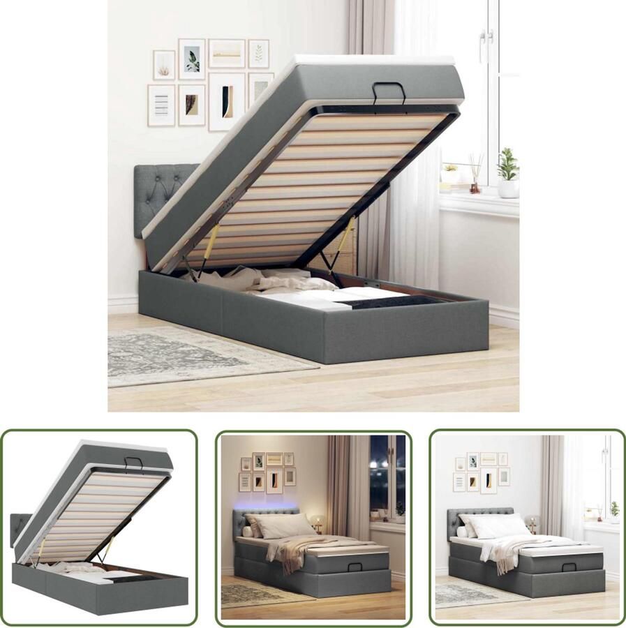 VidaXL Slaapbank Bedpoef Bed poef met matras en LED's 90x200 cm stof donkergrijs Led Lamp Voetensteun Boxspring