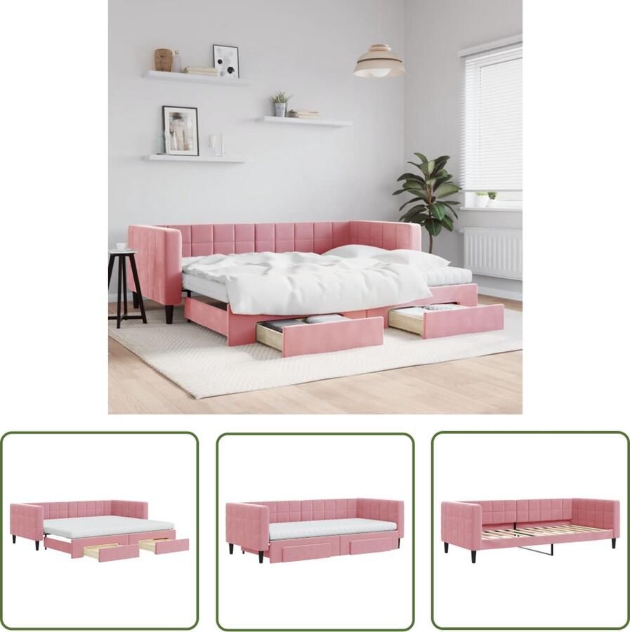 The Living Store Slaapbank Onderschuifbed Roze 223x192.5x68cm Veelzijdige en comfortabele bank Met opbergruimte Inclusief schuimmatras Massief hout en metalen frame Slaapbank Sofa Bed Rozenkleurige Bank Onderbed Opslagbanken