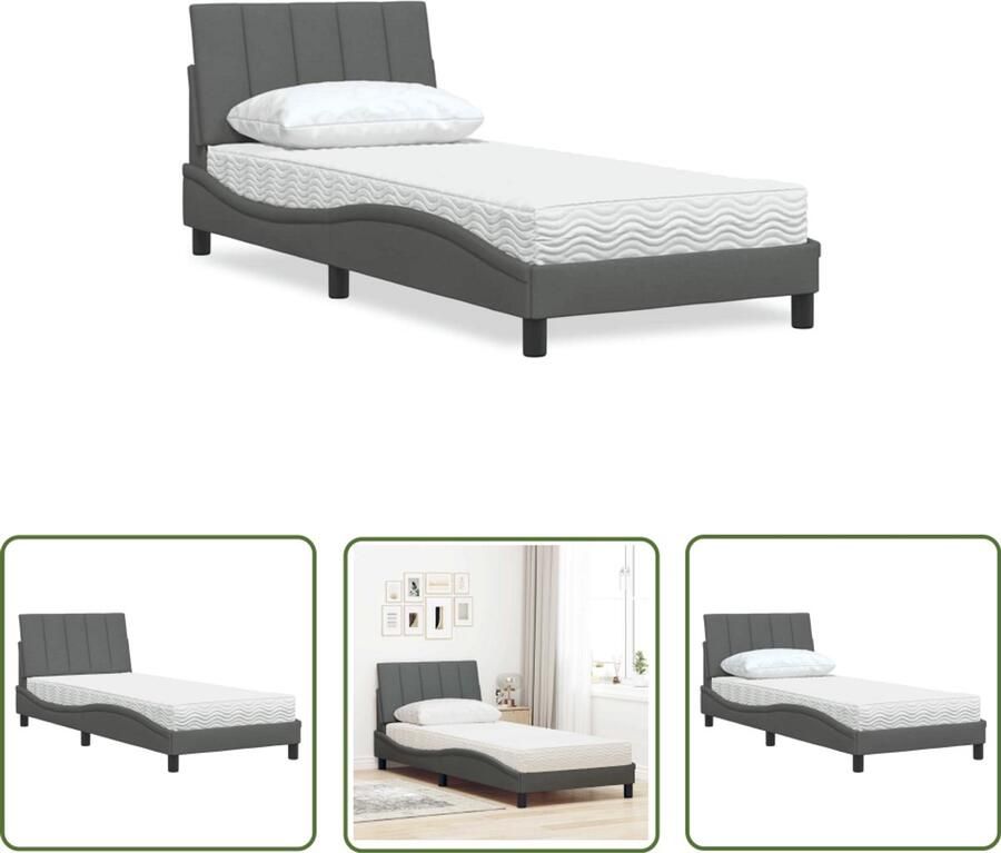 VidaXL Slaapcomfort Bed Frame Bed met matras Hanko stof donkergrijs 90x190 cm Tweepersoonsbed Donkere Kleuren Houten Bed