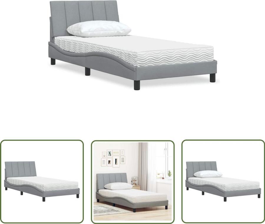 VidaXL Bed met matras Hanko stof lichtgrijs 100x200 cm Bed Frame Slaapcomfort Boxspring Alternatief Lattenbodem Hoofd Kussent