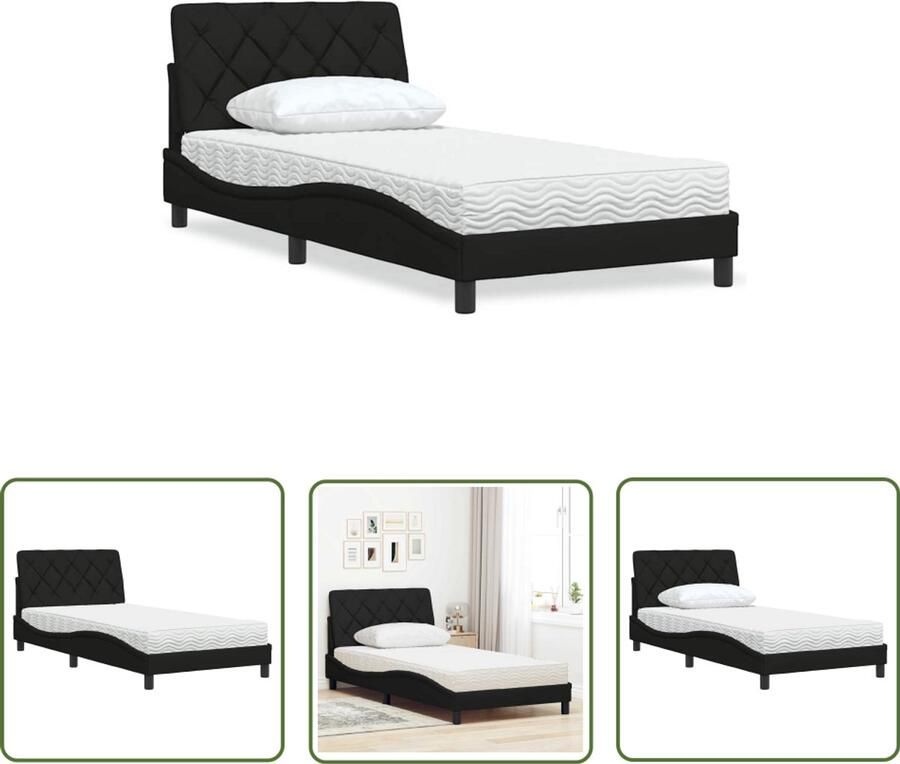 VidaXL Slaapcomfort Bed Frame Bed met matras stof zwart 100x200 cm Tweepersoonsbed Matras Hoofdkussens