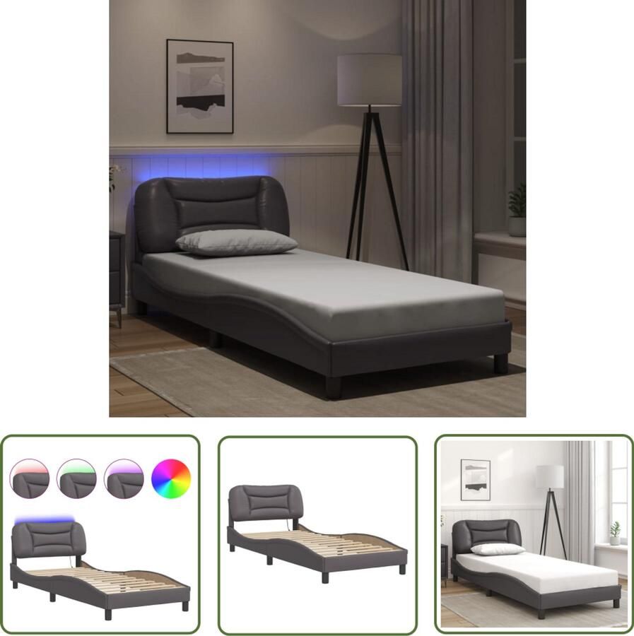 VidaXL Slaapcomfort Bed Frame Bedframe met LED zonder matras Hvar kunstleer grijs 90x200 cm Led Verlichting Kunstleder Modern Design