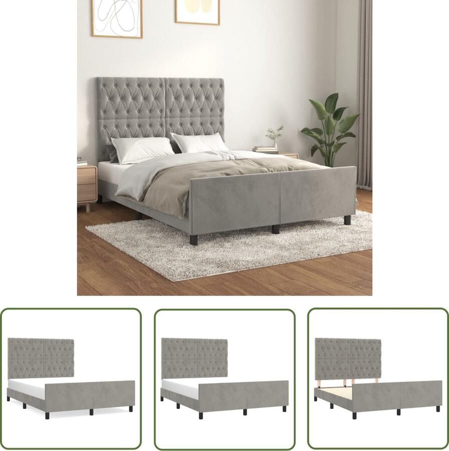 The Living Store Bedframe Comfort Bedframes 193 x 146 x 118 128 cm Lichtgrijs Fluweel Bed Frame Slaapcomfort Velvet Bed Grijs Bed Tweepersoons Bed