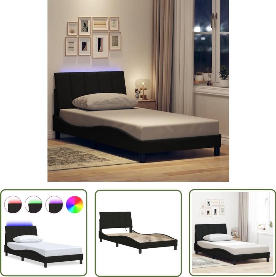 VidaXL Bedframe zonder matras Hanko 100x200 cm stof zwart Bed Frame Slaapcomfort Led Verlichting Hoofdkussens Design Bed