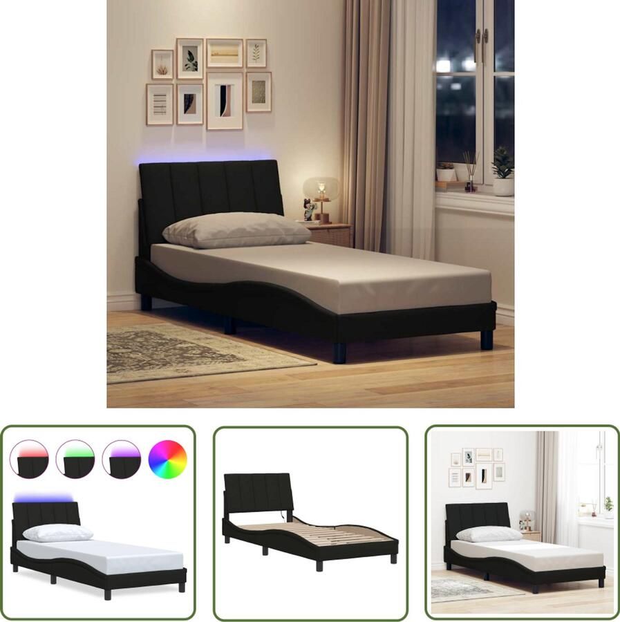 VidaXL Slaapcomfort Bed Frame Bedframe zonder matras Hanko 90x190 cm stof zwart Led Verlichting Hoofdkussens Tweepersoons Bed