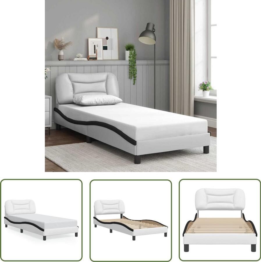VidaXL Slaapcomfort Bed Frame Bedframe zonder matras Hvar kunstleer zwart en wit 90x190 cm Hoofdbord Kunstleder Modern Design